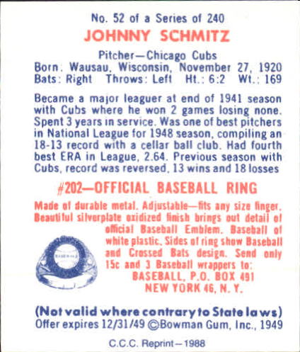 1949 Bowman #52 Johnny Schmitz RC back image