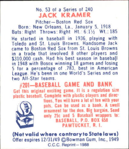 1949 Bowman #53 Jack Kramer RC back image