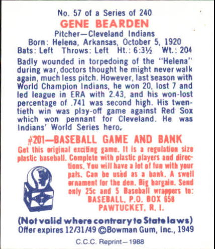 1949 Bowman #57 Gene Bearden RC back image