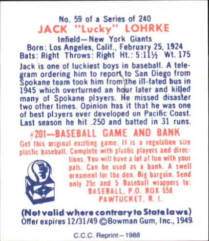 1949 Bowman #59 Jack Lohrke back image