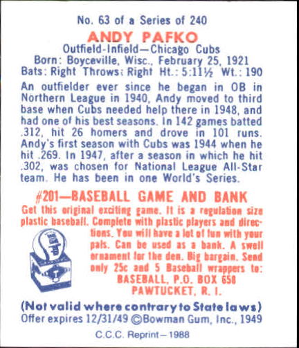 1949 Bowman #63 Andy Pafko RC back image