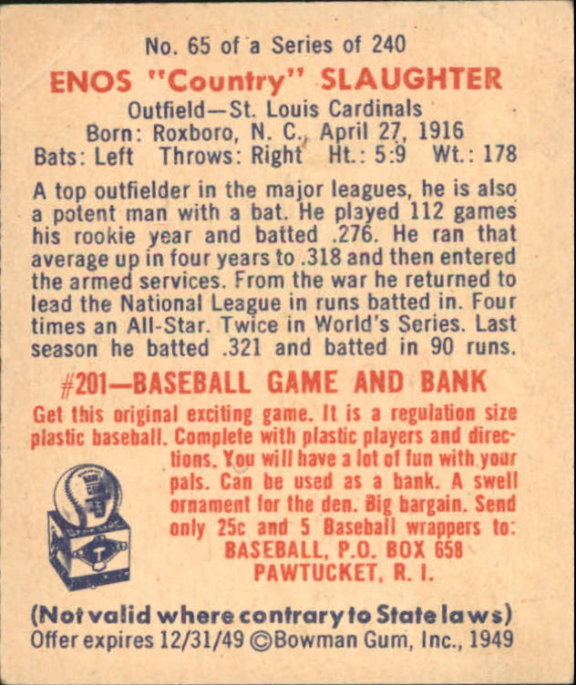 1949 Bowman #65 Enos Slaughter back image