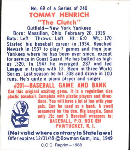 1949 Bowman #69 Tommy Henrich back image