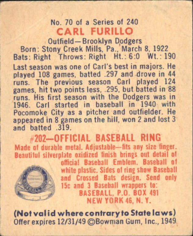1949 Bowman #70 Carl Furillo RC back image