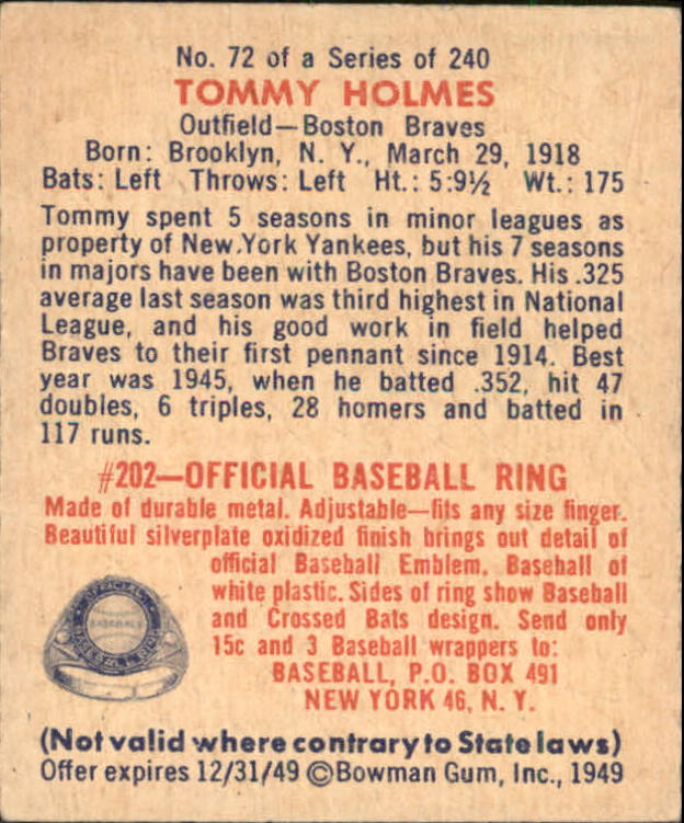 1949 Bowman #72 Tommy Holmes RC back image
