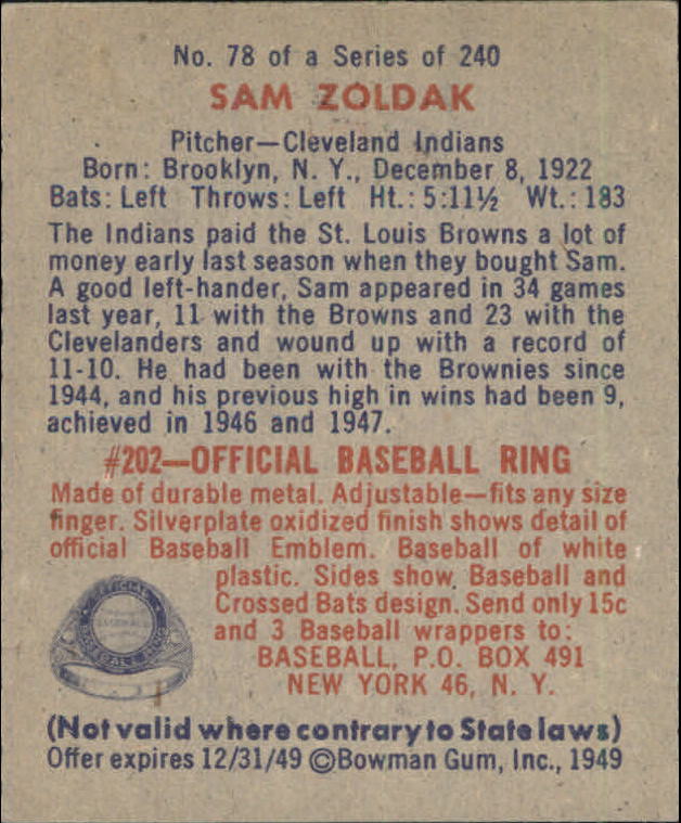 1949 Bowman #78A Sam Zoldak NNOF RC(no player name on front) back image