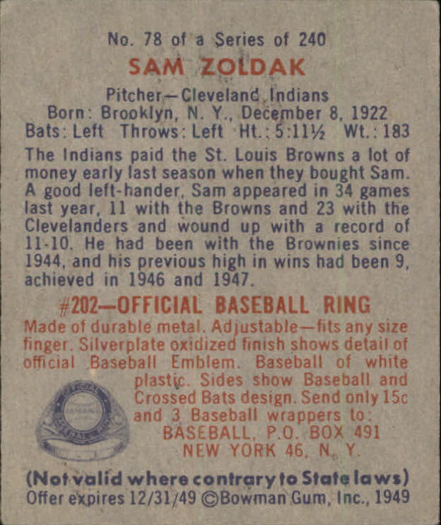 1949 Bowman #78B Sam Zoldak NOF(player name printed on front) back image