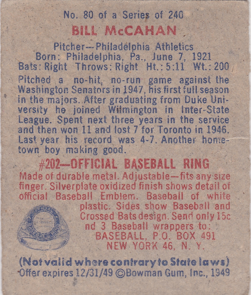 1949 Bowman #80 Bill McCahan back image