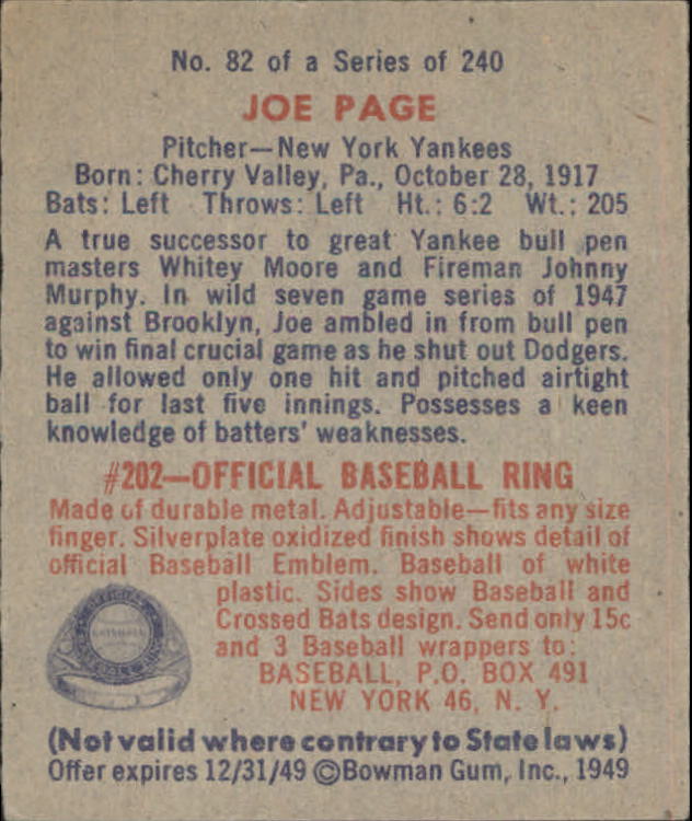 1949 Bowman #82 Joe Page back image
