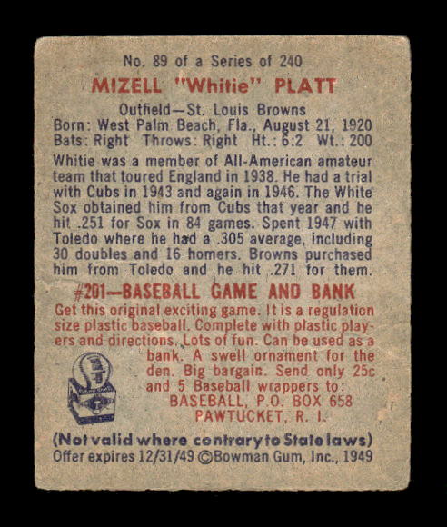 1949 Bowman #89 Mizell Platt RC back image