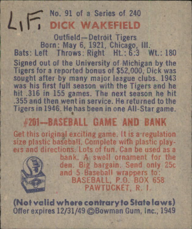 1949 Bowman #91 Dick Wakefield RC back image