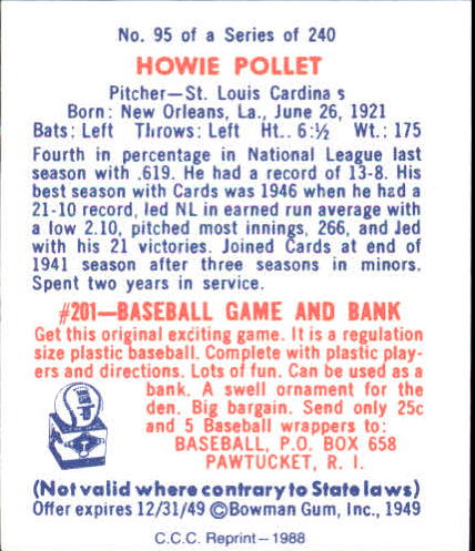 1949 Bowman #95 Howie Pollet RC back image