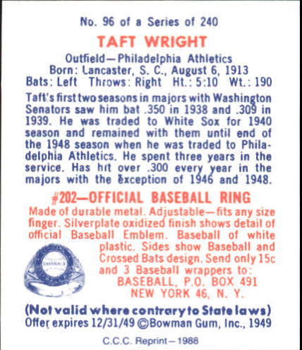 1949 Bowman #96 Taft Wright back image