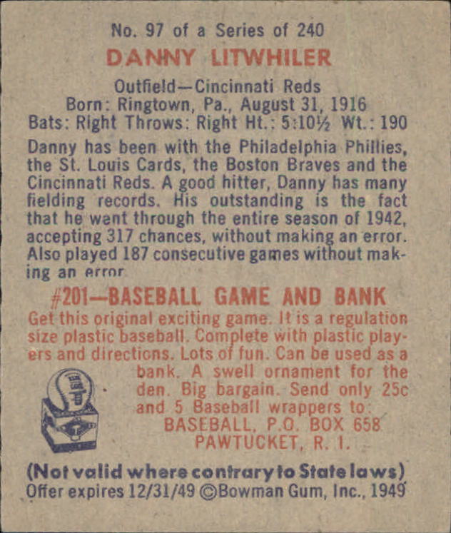 1949 Bowman #97 Danny Litwhiler RC back image