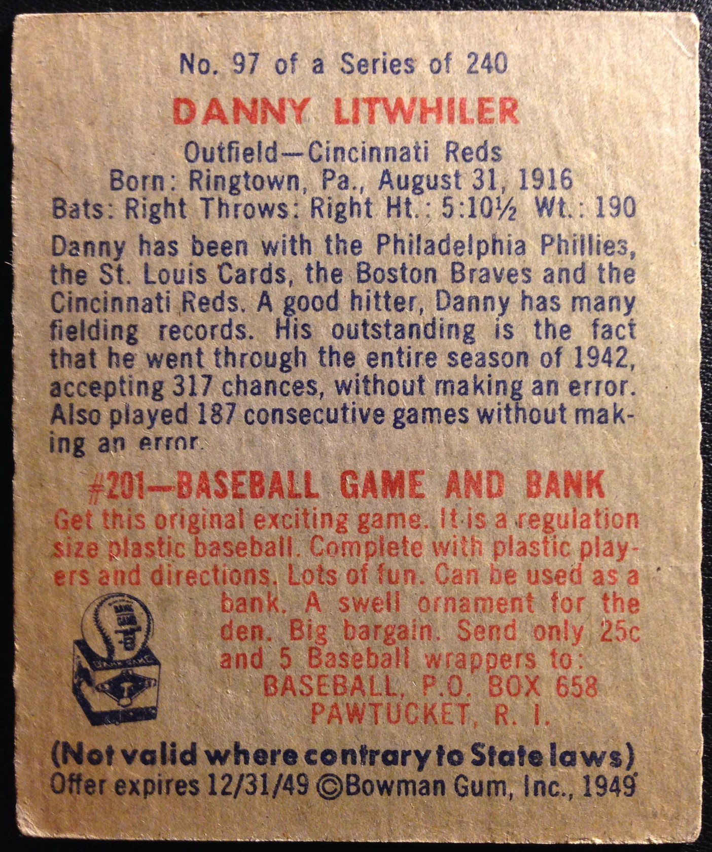 1949 Bowman #97 Danny Litwhiler RC back image