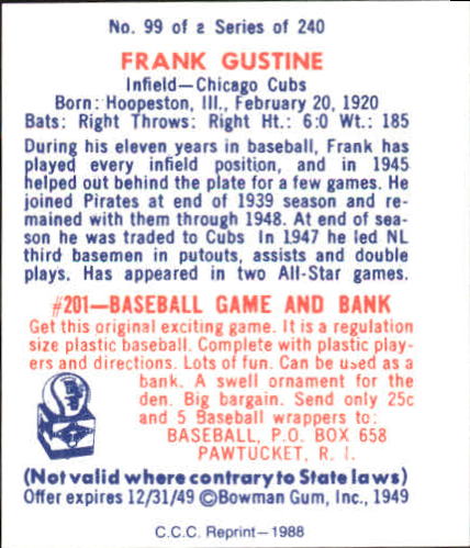 1949 Bowman #99 Frank Gustine RC back image