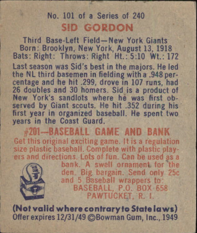 1949 Bowman #101 Sid Gordon back image