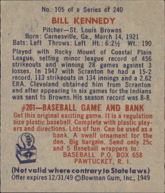 1949 Bowman #105 Bill Kennedy RC back image