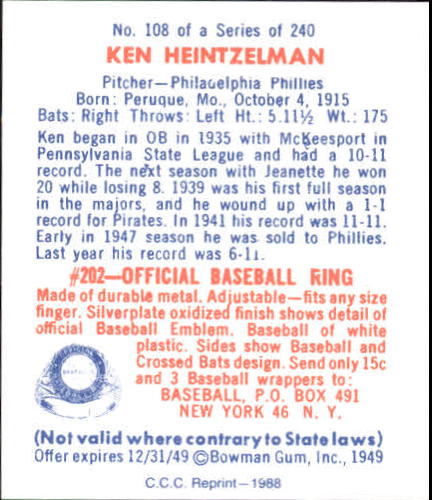 1949 Bowman #108 Ken Heintzelman RC back image