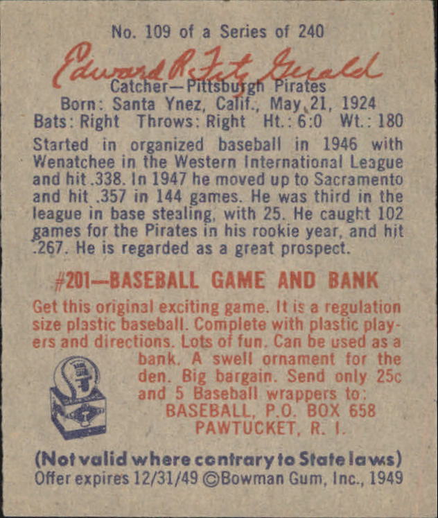 1949 Bowman #109A Ed Fitzgerald Script RC(player name in script on back) back image
