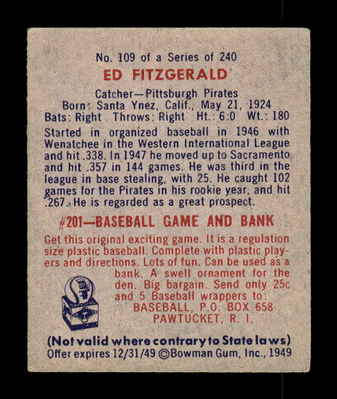 1949 Bowman #109B Ed Fitzgerald Print(player name in print on back) back image