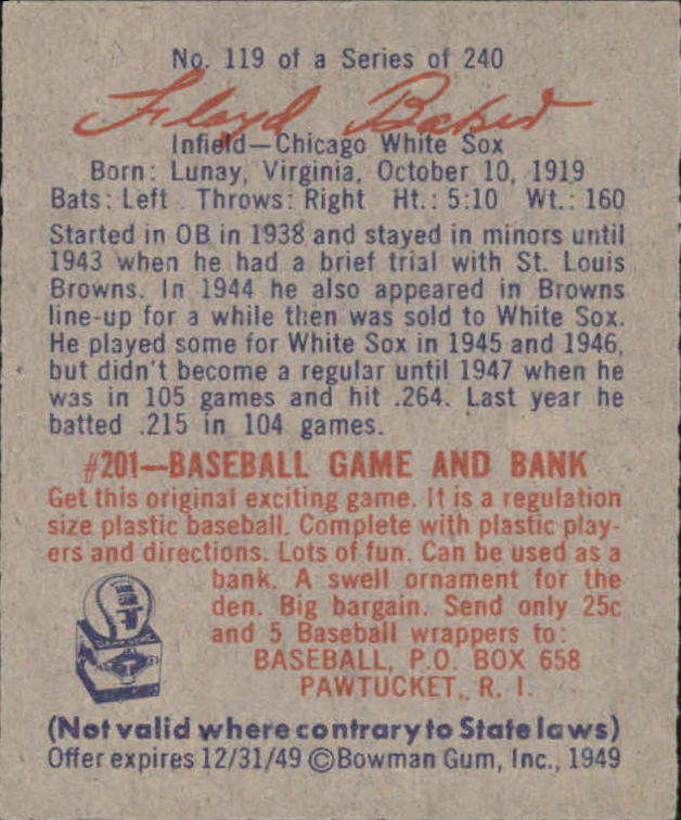 1949 Bowman #119 Floyd Baker RC back image