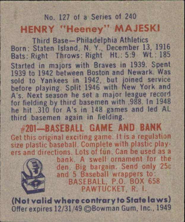 1949 Bowman #127B Hank Majeski Print(player name in print on back) back image