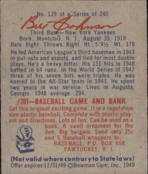 1949 Bowman #129 Bill Johnson back image