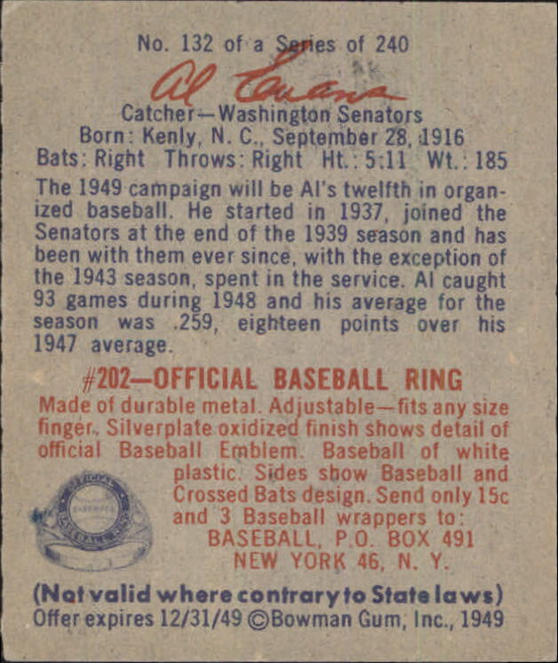 1949 Bowman #132A Al Evans Script RC(player name in script on back) back image