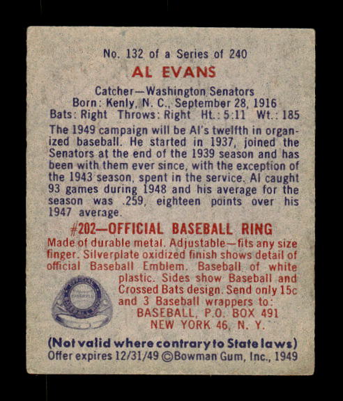 1949 Bowman #132B Al Evans Pint(player name in print on back) back image