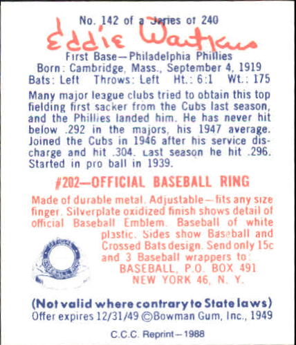 1949 Bowman #142 Eddie Waitkus RC back image