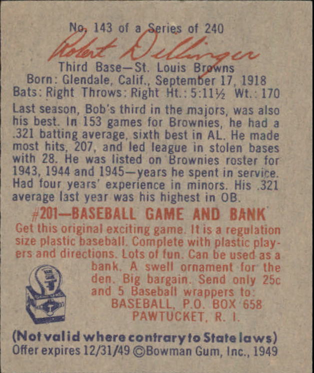 1949 Bowman #143A Bob Dillinger Script RC(player name in script on back) back image