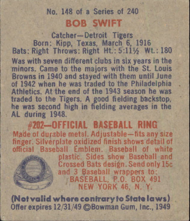 1949 Bowman #148 Bob Swift RC back image