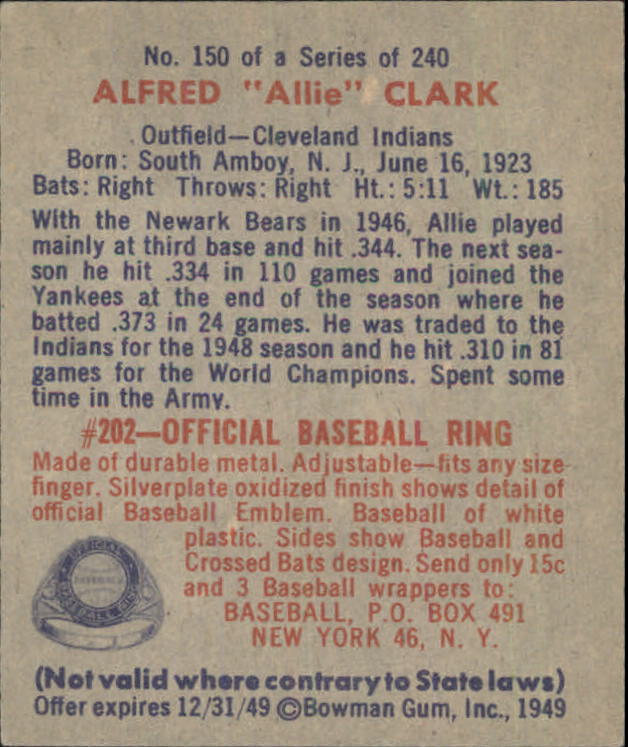 1949 Bowman #150 Allie Clark RC back image
