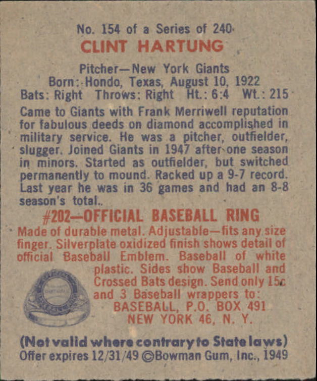 1949 Bowman #154 Clint Hartung back image
