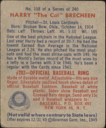 1949 Bowman #158 Harry Brecheen RC back image