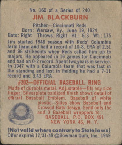 1949 Bowman #160 Jim Blackburn RC back image