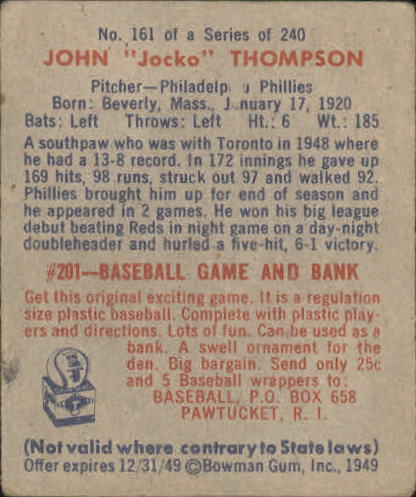 1949 Bowman #161 Jocko Thompson RC back image