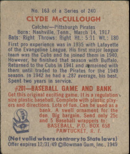 1949 Bowman #163 Clyde McCullough RC back image