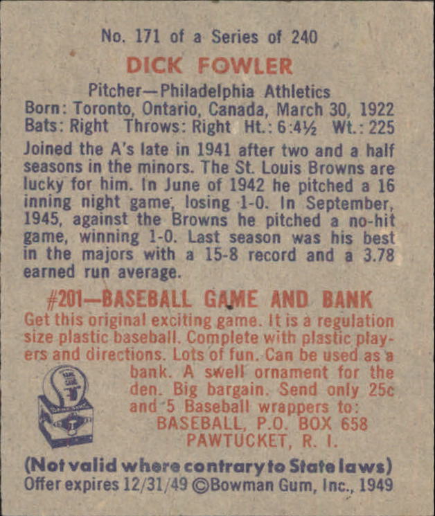 1949 Bowman #171 Dick Fowler RC back image