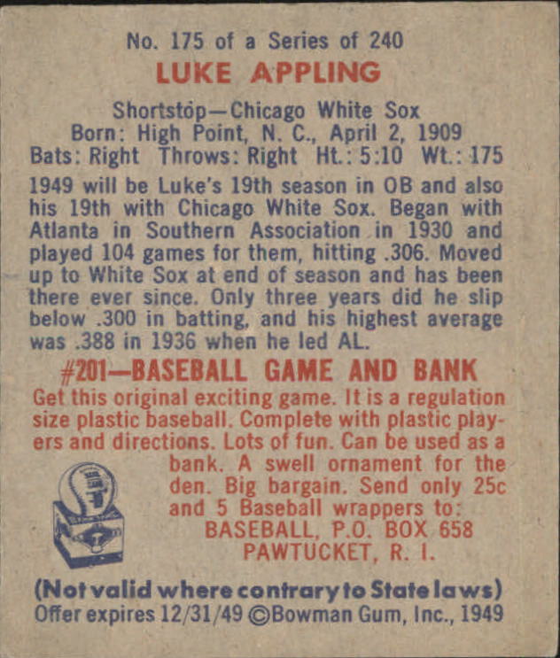 1949 Bowman #175 Luke Appling back image