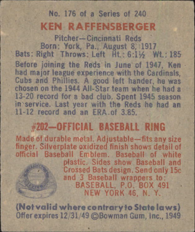 1949 Bowman #176 Ken Raffensberger RC back image