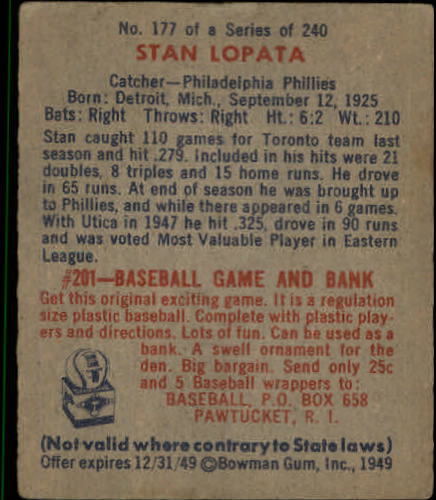 1949 Bowman #177 Stan Lopata RC back image