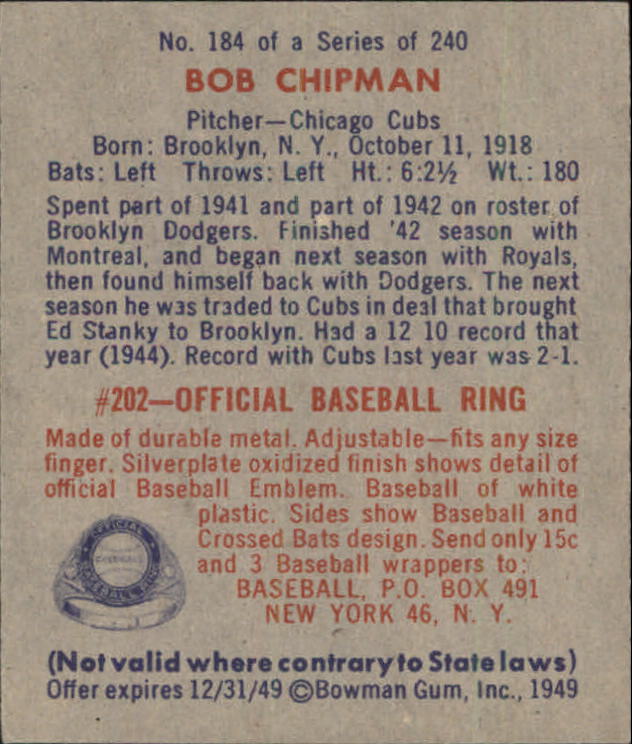 1949 Bowman #184 Bob Chipman RC back image