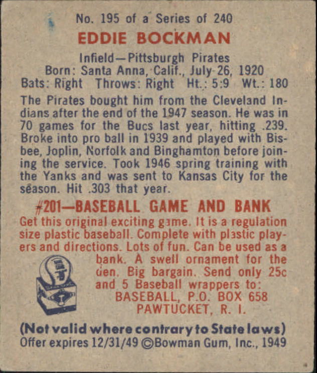 1949 Bowman #195 Eddie Bockman RC back image