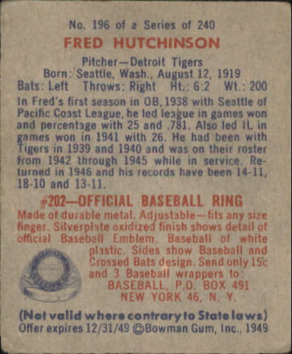 1949 Bowman #196 Fred Hutchinson RC back image