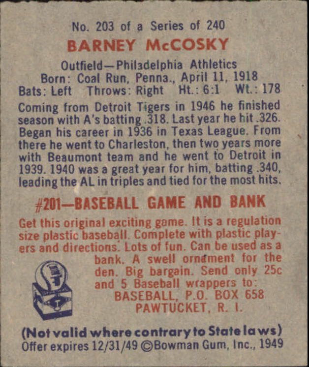 1949 Bowman #203 Barney McCosky back image