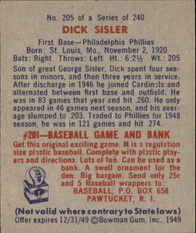 1949 Bowman #205 Dick Sisler RC back image