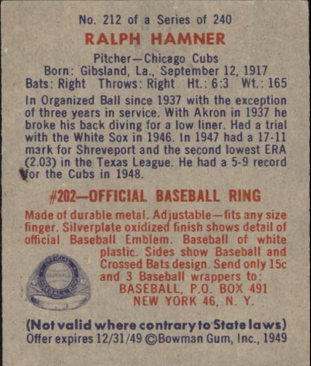 1949 Bowman #212 Ralph Hamner RC back image