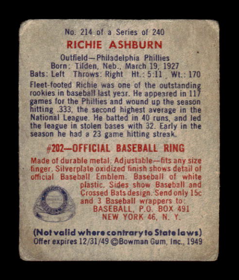 1949 Bowman #214 Richie Ashburn RC back image